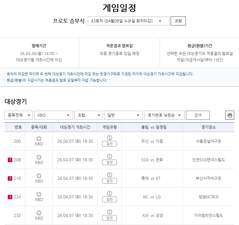 프로토 승부식 43회차, KBO 5경기 대상 발매… 각 팀 초반 흐름 주목