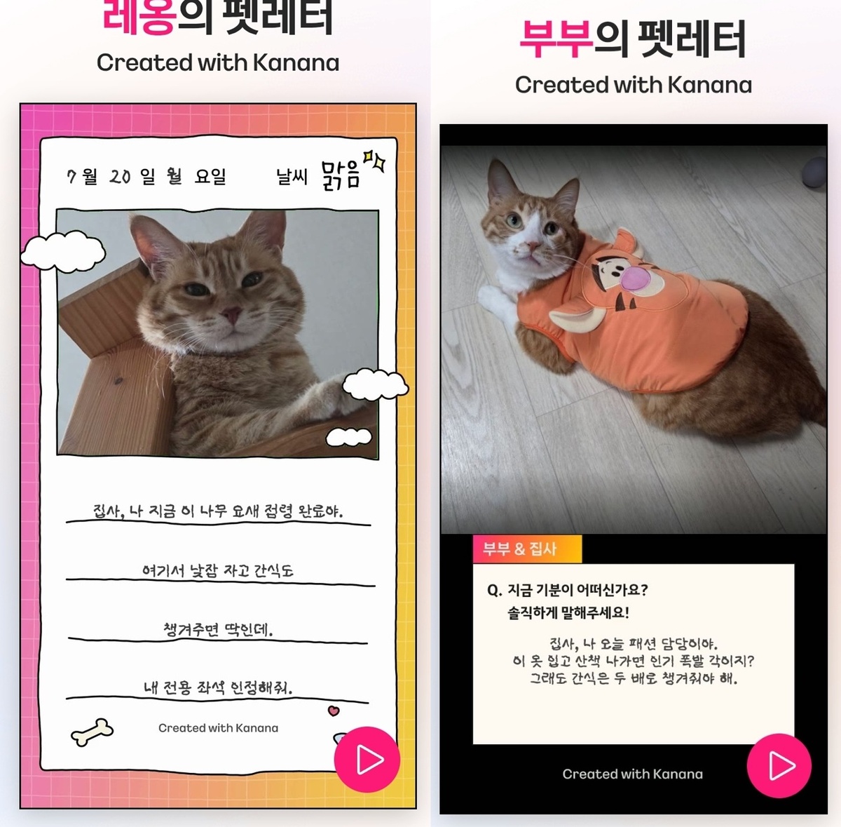 반려동물의 사진을 올리면 카카오의 AI 카나나가 속마음을 유추해 편지를 보내는&nbsp;‘카나나 펫레터’로 만든 펫레터 갈무리.